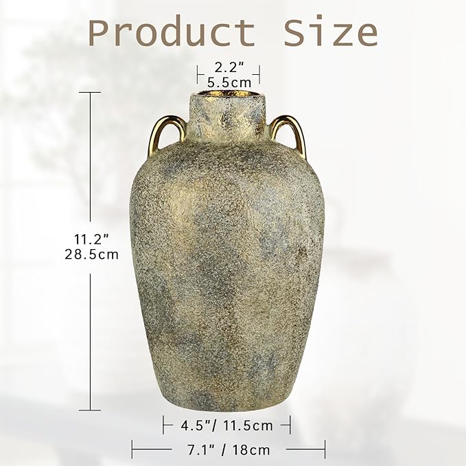 Large Ceramic Vase, 11.2" Tall Rustic Farmhouse Vase, Vintage Flower Vase with 2 Ears, Electroplated Terracotta Boho Vases for Home, Living Room, Shelf, Mantel, Entryway, Wedding, Tabletop Decor