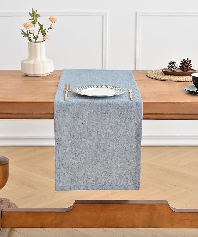 Wracra Linen Style Table Runner, Rustic Farmhouse Chambray Dusty Blue Table Runners 108 Inches Long, Handcrafted Table Runner for Fall, Winter - Everyday Use and Machine Washable