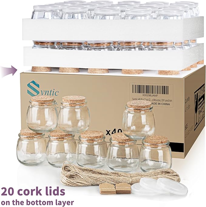 Syntic 40 Pack Small Glass Jars with Cork Lids, 7oz Empty Mason Jars for Making Candles, Yogurt Container with PE Lids for Wedding Favors, Baby Shower, Candy, Spices with Twine, Labels