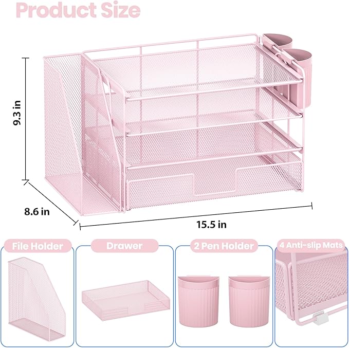 OPNICE Desk Organizer and Accessories, 4-Tier Desktop File Organizer with Drawer and 2 Pen Holders, Office Desk Accessories, File Sorters, Workspace Organizers for Office Supplies(Pink)