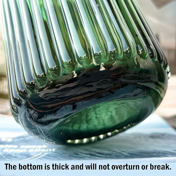 Muyan 9.8" Flower Vase for Decor Ribbed Glass Vase Modern for Centerpieces Desktop Home Office Dining Living Room Wedding (Green)