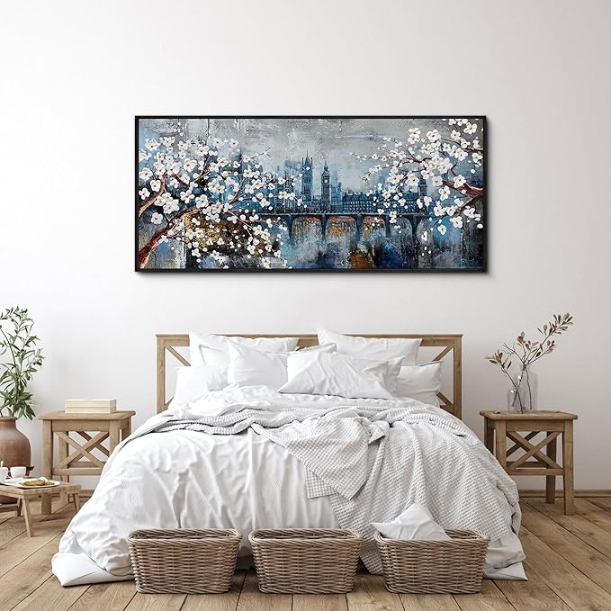 KLAKLA Extra Large Wall Art for Living Room City Scenes - Black Frame Large Abstract Wall Decor Bedroom Office Landscape Plum Blossom Picture Artwork for wall Modern Home Decoration