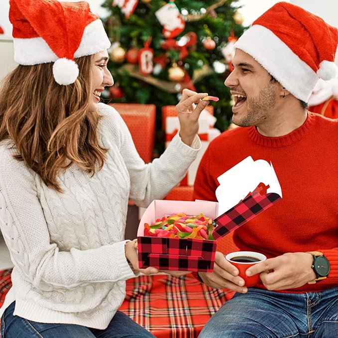 Ruisita 30 Pack Christmas Cupcake Boxes Plaid Cookie Gift Boxes Food Treats Container with Tags for Cupcake, Candy, Party Favors (Red+Black, 10 x 6.3 x 3 Inches)