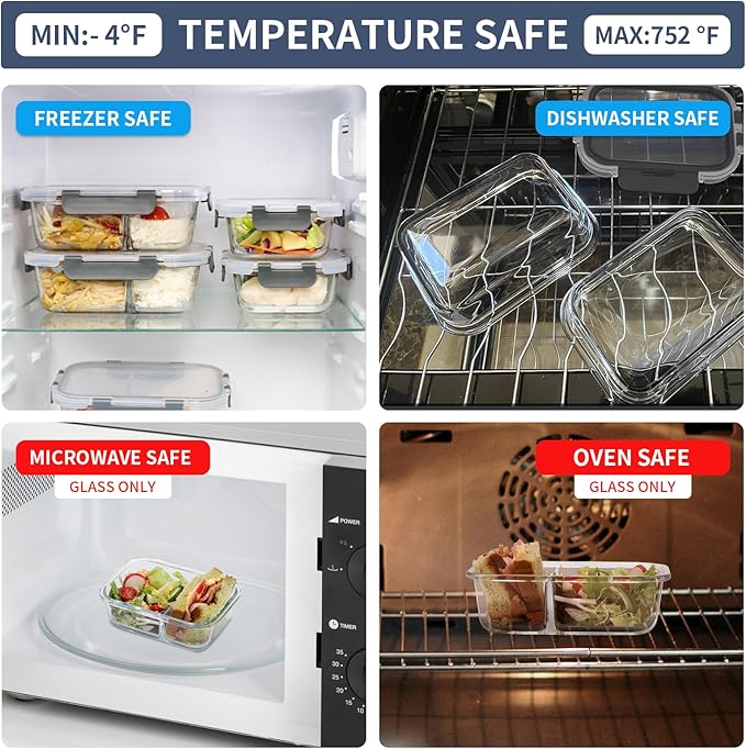 2 & 3 Compartment Meal Prep Containers - Glass Food Storage Lunch Containers with Lids, Bento Box, Portion Control, Freezer to Microwave Safe