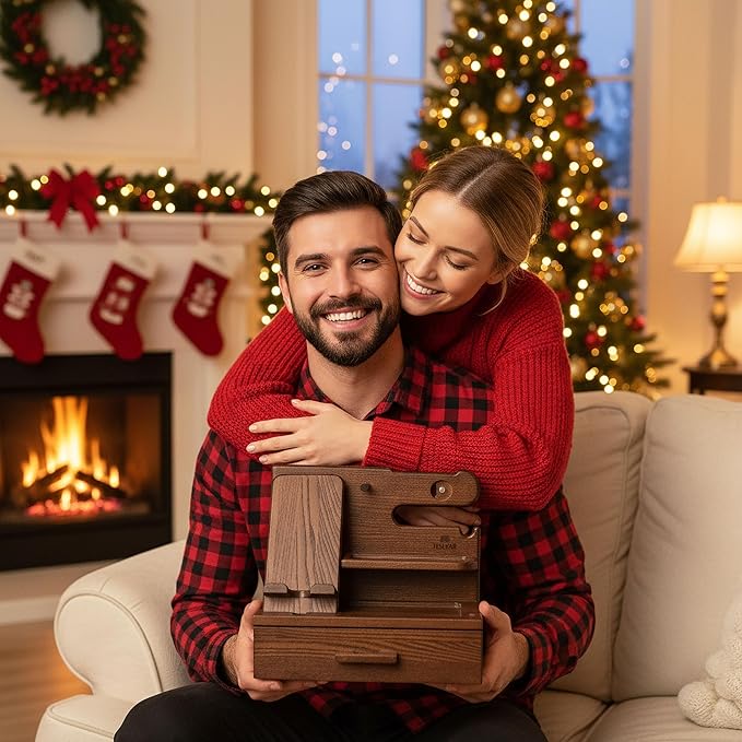 TESLYAR Wood Phone Docking Station with Drawer - Nightstand Organizer - Desk Organizer for Husband - Birthday Gifts for Men, Dad, Anniversary Idea, Key Holder Stand Watch & Accessories (Bourbon Brown)