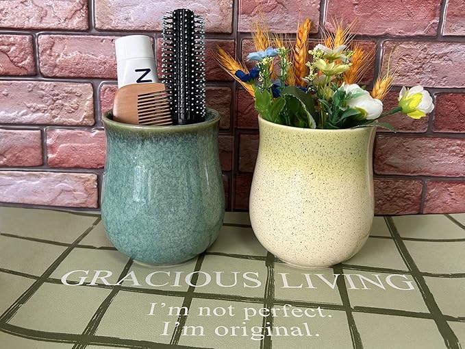 Medium Ceramic Kitchen Utensil Holder for Kitchen Counter Short Cooking Utensil Holder for Countertop Spatula Holder Small Utensil Crock Cutlery Holder Silverware Caddy Flower Vase (Retro Mist Green)