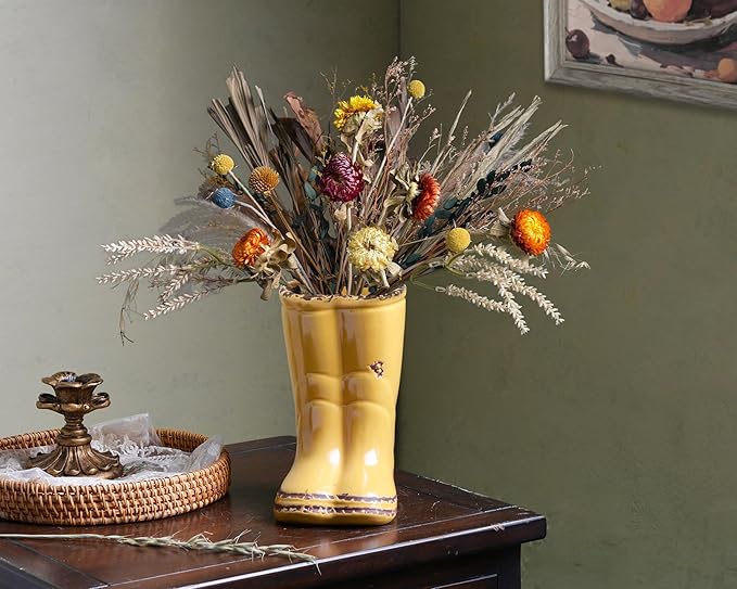 Quoowiit Ceramic Rustic Farmhouse Boot Vase, Yellow Distressed Flower Vase for Home Decor, Decorative Vases for Centerpiece Table Decorations, Vases for Living Room Kitchen Entryway Mantle Shelf Decor