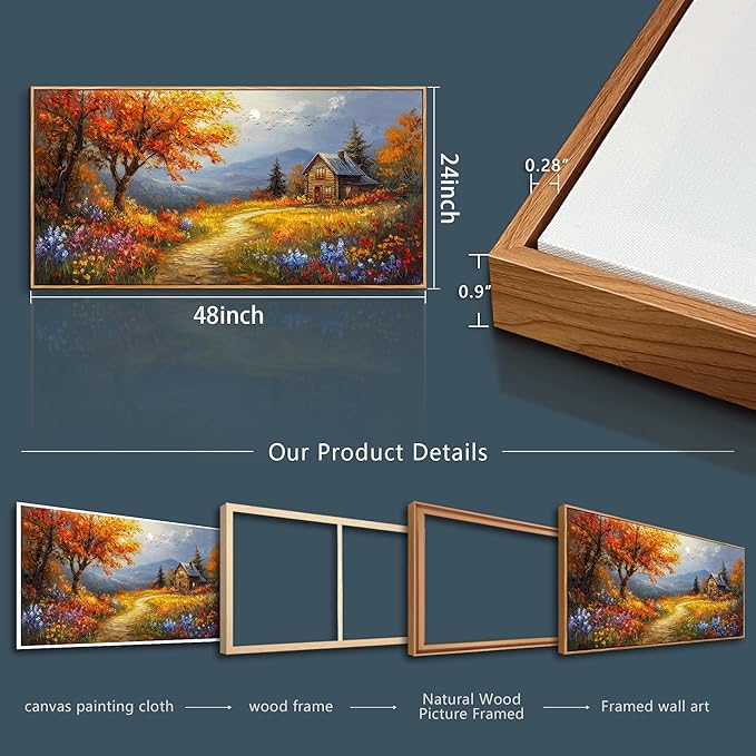 FUHAIHUA Large Wood Framed Wall Decor For Living Room Canvas Wall Art For Office Modern Wall Decorations For Bedroom Reddish Orange Tree Painting Farmhouse Pictures Artwork Room Home Decor 24x48 In