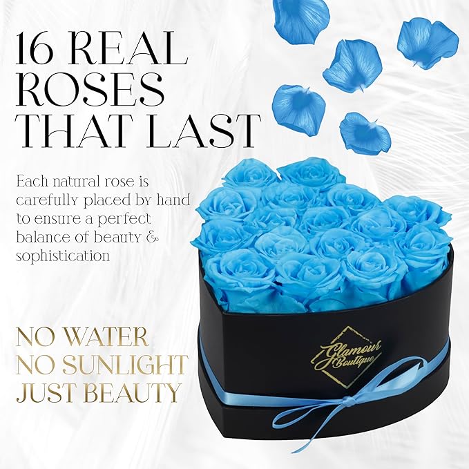 GLAMOUR BOUTIQUE 16 Flower Forever Heart Shape Box - Preserved Roses Gift for Her, Preserved Flowers, Teal