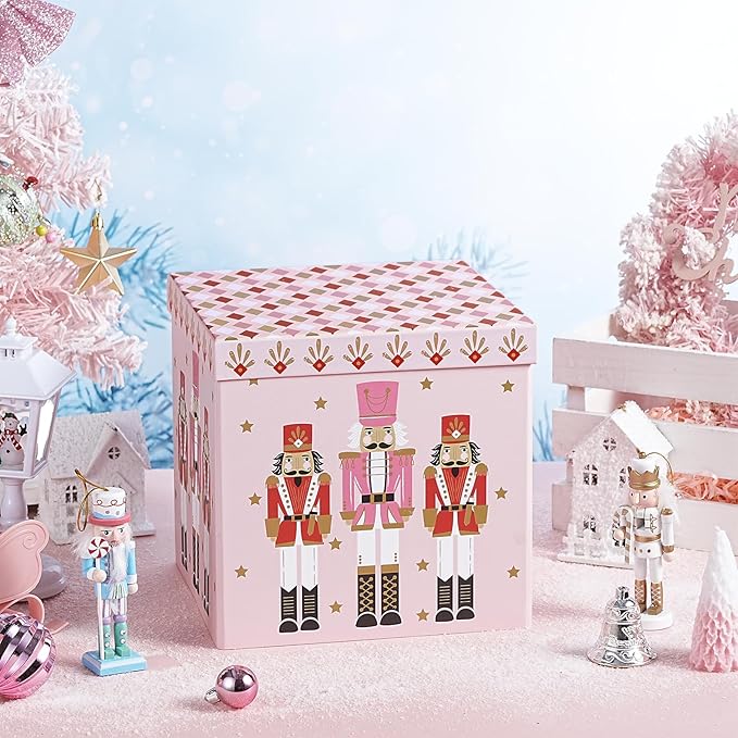 RUSPEPA Christmas Gift Box with Lid, Pink Nutcracker Soldier Design and Diamond Pattern Lid, Medium Collapsible Box with Ribbon, Tissue Paper for Girls, Gift Wrap, Candy Storage, 9x9x9 Inches, 1 Pcs