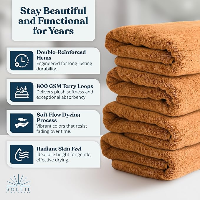 Soleil Fine Goods Luxurious 800 GSM 100% Cotton Bath Towel Set (4-Pack, 27x54) - Heavyweight & Ultra Absorbent, Plush Softness for Bathroom | Hotel & Spa Quality Luxury Towels- Brown Amber