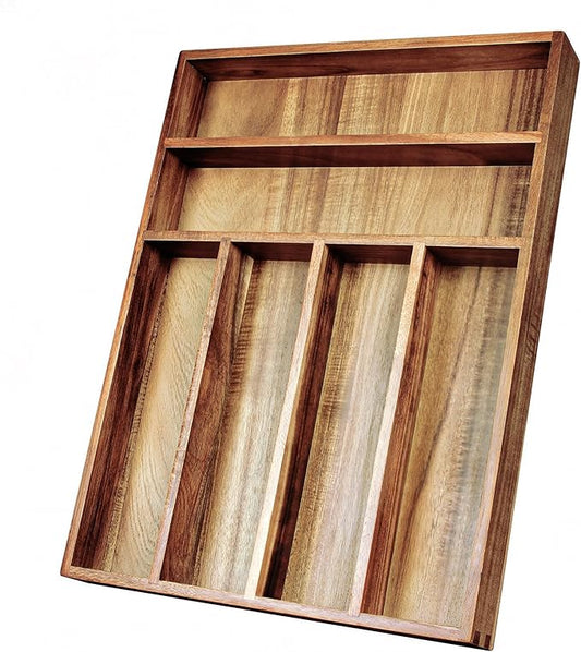 Acacia Wood Silverware Organizer, Kitchen Utensil Drawer Organizer for Forks, Knives & Spoons, 6-Compartment Cutlery Tray, Flatware Holder