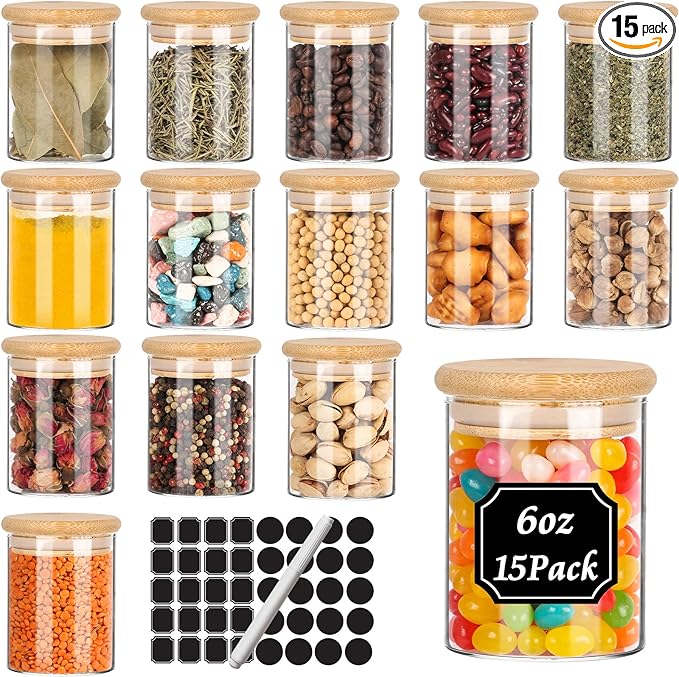 Keketin 6 oz Glass Spice Jars with Bamboo Lids,15 Pack Airtight Food Storage Canister 200ml Small Glass Jars with Lables for Kitchen Organization,Spices,Coffee,Flour,Candy,Nuts and Snacks