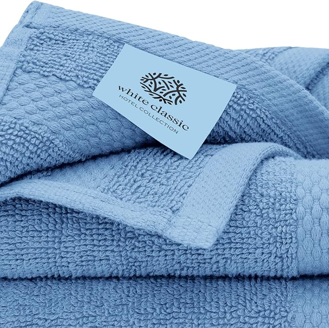 White Classic Luxury Bath Towel Set of 8 Pieces - 100% Turkish Cotton Highly Absorbent Towels for Bathroom, 2 Luxury Bath Towels 700GSM, 2 Hand Towels, 4 Washcloths, Light Blue
