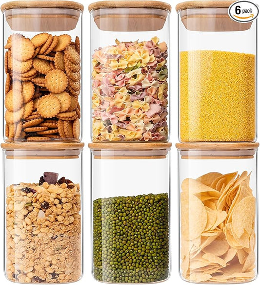 Glass Food Storage Jars 37 oz Set of 6,Glass Storage Containers Clear Glass Food Canister with Bamboo Lid Airtight For Serving Tea, Coffee, Flour, Sugar, Candy, Cookie, Spice and More (Square)