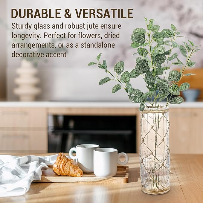 MyGift Rustic Clear Glass Vase with Hand-Woven Hemp Rope Wrap – Decorative Tabletop Flower Vase for Farmhouse, Boho, or Coastal Home Decor