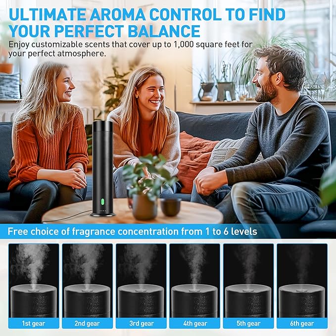 Waterless Scent Diffuser Starter Kit - 1000 Sq Ft Coverage, Hotel Scent Diffuser, Essential Oil Diffuser Large Room, Included 5 Scent Oils, Remote Control, Black, 11.30In