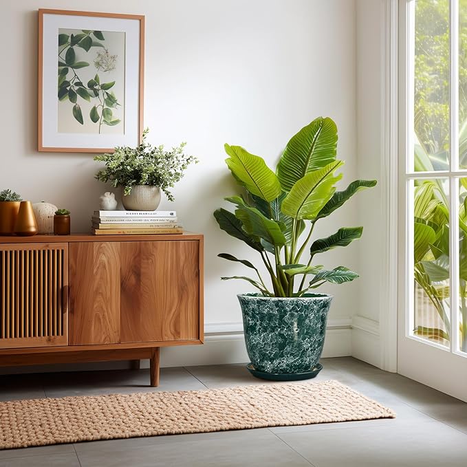Ceramic Planter - 12 Inch Pots for Plants with Drainage Hole and Saucer, Round Planter for Indoor Outdoor, Large Plant Pot, Modern Planters, Garden Patio Decor, House Warming Gifts, Green
