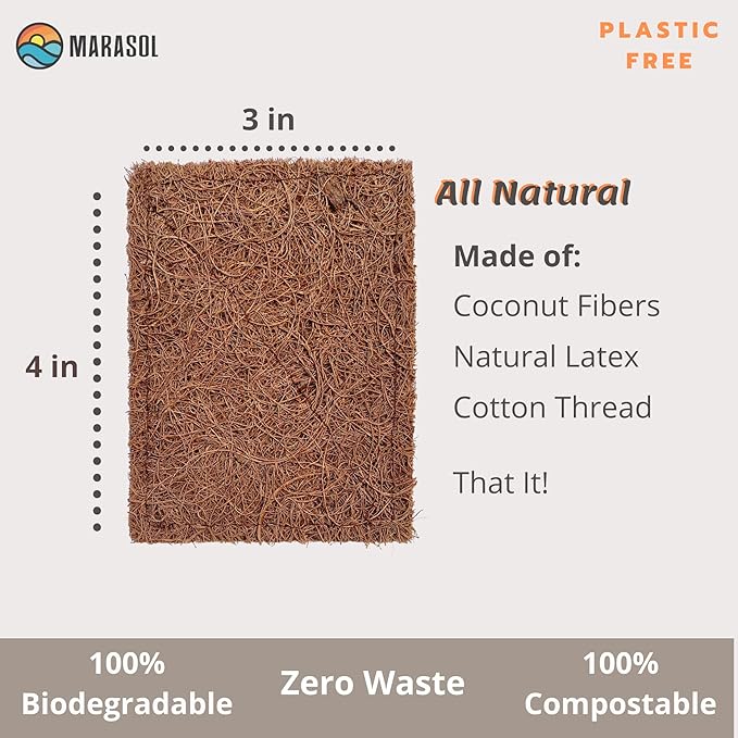 Marasol Soap Saver and Scrub Pad (4) | Coconut Fiber - Compostable | Plastic Free - Zero Waste | Bar Soap Holder | Tough Non-Scratch Scour Pad | Vegetable Brush | 4-Pack