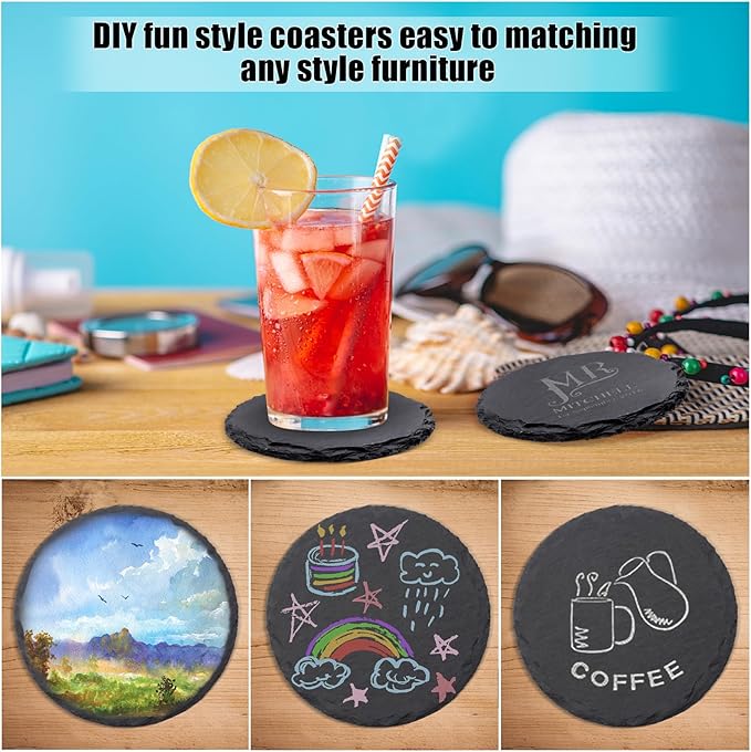 24 Pack Round Slate Drink Coasters, VIBRATITE 4 Inch Black Slate Stone Coasters Bulk Cup Coasters Laser Engraving Blanks with Anti-Scratch Bottom for Drink Coffee Bar Kitchen Home Decor