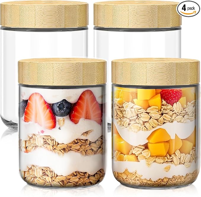 4 pack 16oz Overnight Oats Containers with Bamboo Lids, Glass Jars with Airtight Lids for Meal Prep, Wide Mouth Mason Salad Jars, Glass Food Storage Container for Yogurt Chia Snacks Spice Sugar