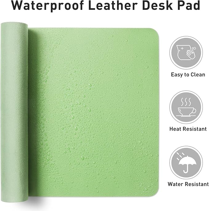 Aothia Faux Leather Desk Mat – Large Mouse Pad, Non-Slip PU Leather Blotter, Waterproof Writing Surface for Office and Home (Foam Green, 47.2" x 23.6")