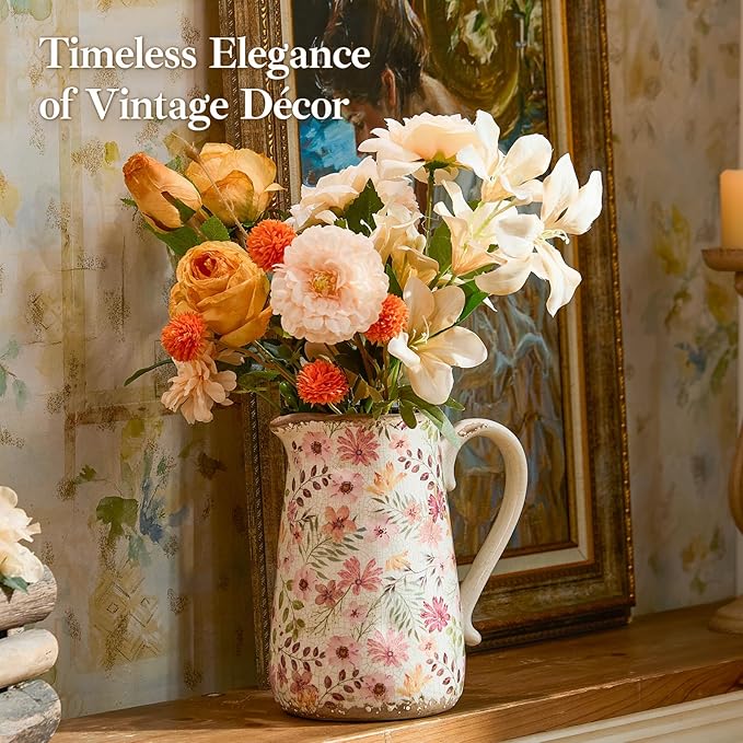 Retro Rustic Large Ceramic Vase with Handle, Distressed Farmhouse Pitcher for Home, Ideal Shelf Decor, Colorful Daisy Floral Vase for Living Room Bedroom Office Table Centerpiece Decorations 9 Inch