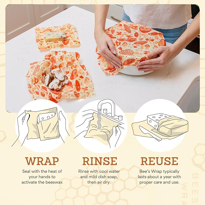 Bee's Wrap Beeswax Wraps for Food - Made in USA Reusable & Organic Food Wraps, Sandwich Wrap & Bowl Covers - Eco-Friendly Alternative to Aluminum Foil & Plastic Wrap, Mushroom Magic 3 Pack (S, M, L)