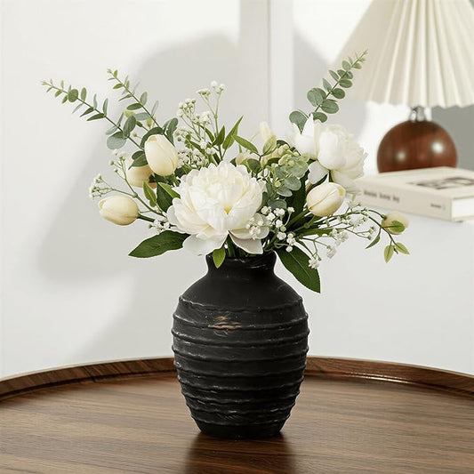 6.6-Inch Black Ceramic Flower Vase, Rustic Farmhouse Boho Pottery Decor for Table, Living Room & Shelf