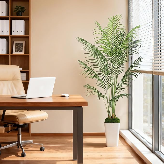 6FT Artificial Palm Tree, Tall Fake Tropical Areca Plant with White Square Planter for Indoor Outdoor Home Decor, Realistic Faux Palm Tree for Living Room, Office, Porch, Garden