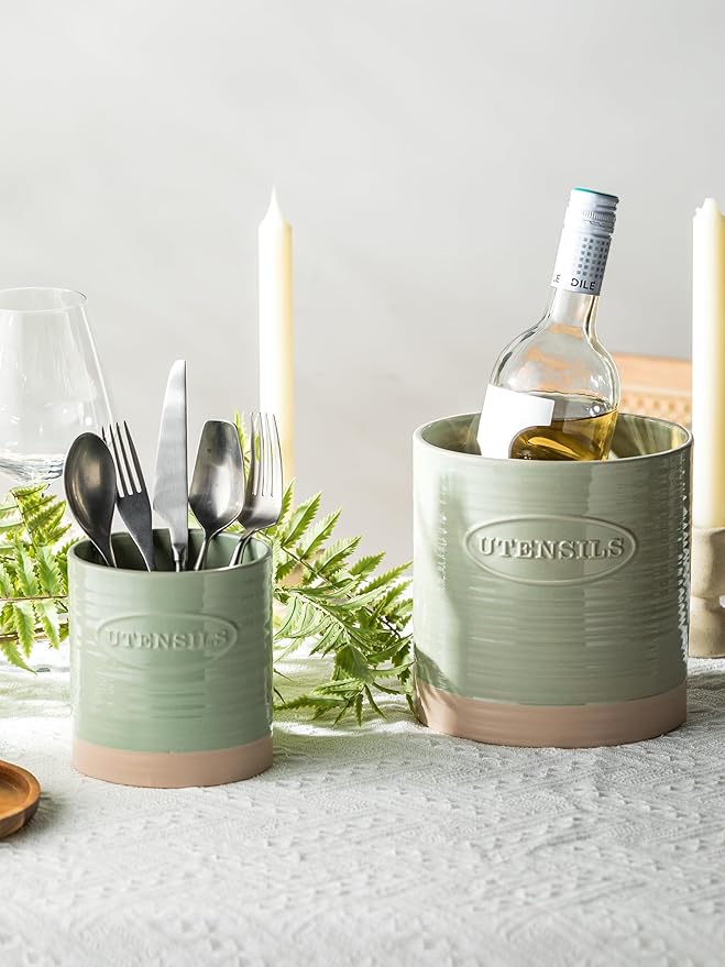 YHOSSEUN Kitchen Utensil Holder, 6.7"+5.1" Ceramic Utensil Holder for Kitchen Counter, Oval Cooking Utensil Crocks for Countertop, Utensil Storage Organizer Set of 2, Green