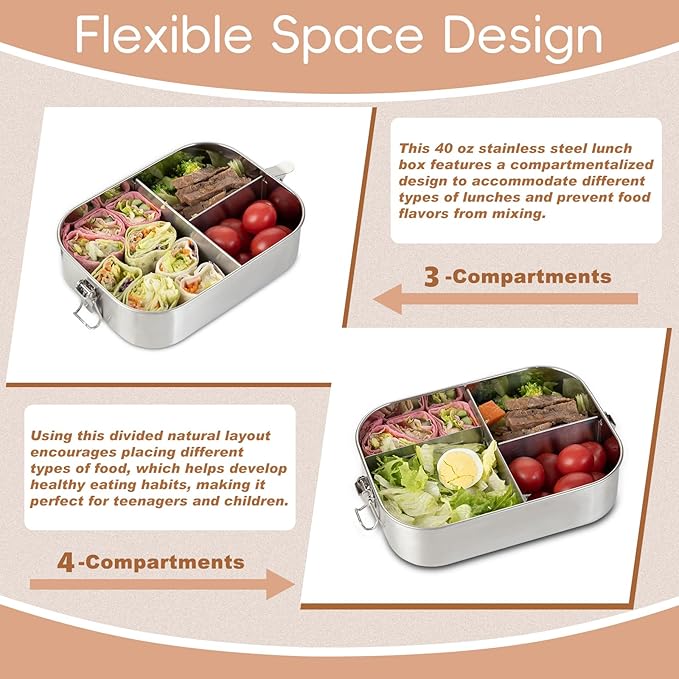 GOLDEN KEY 40QZ Stainless Steel Bento Box for Kids, 1200ml Metal Lunch Box for Kids or Adults,Stainless Steel Food Storage Containers with Lids and Lockable Clips for Travel, Work