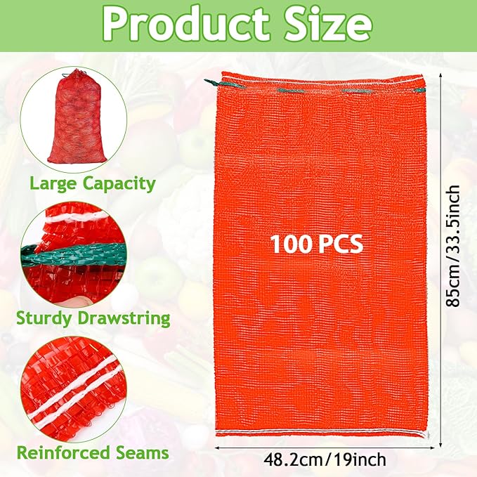 100 Pack Mesh Onion Bags, 31'' x 20'' Extra Large Mesh Produce Bags, Reusable Breathable Vegetable Storage Bag, Net Bag with Drawstring for Onions Potatoes Citrus Crawfish