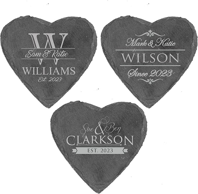 My Personal Memories Custom Engraved Slate Coasters Set of 4 - Monogrammed Coasters for Drinks, Weddings, Couples, Anniversaries - Personalized (Heart)