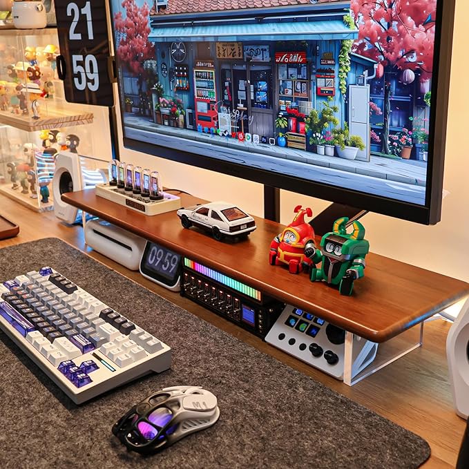 Bamboo Monitor Stand Riser with Acrylic Legs for Desk, 31.5 Inches Desktop Shelf Supports for PC Computer Monitor, Laptops, Printer, Speakers (Brown)