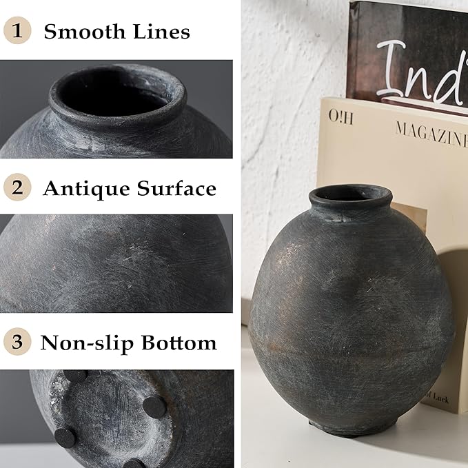 Ceramic Flower Vase, 6.22 Inch Rustic Farmhouse Vase Home Decor, Handcrafted Vintage Pottery Vase, Small Terracotta Vases for Living Room, Table, Shelf, Fireplace - Black Bronze