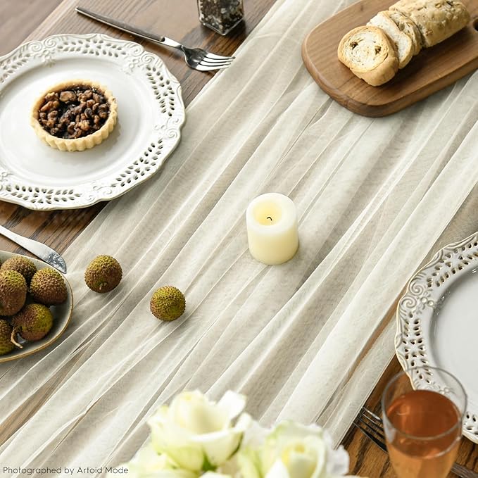 Artoid Mode Beige Gauze Table Runner 120 Inch 10FT, Seasonal Sheer Kitchen Dining Holiday Wedding Birthday Baby Shower Table Decor for Home Party
