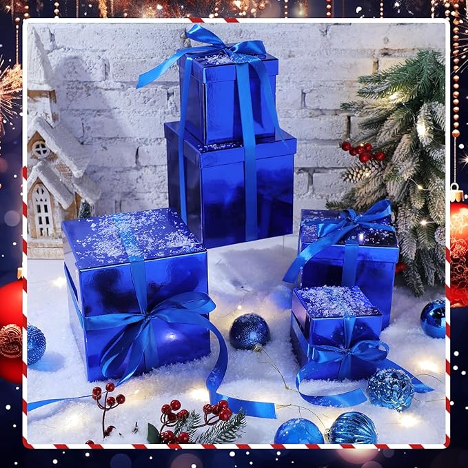 Cholemy 5 Pcs Square Nesting Boxes Decorative Gift Boxes with Lid and Ribbon Assorted Sizes Wrap for Wedding, Thanksgiving, Christmas, Anniversary, Birthday, Bridal Party(Shiny Blue)