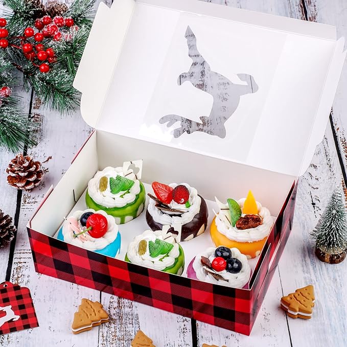 Ruisita 30 Pack Christmas Cupcake Boxes Plaid Cookie Gift Boxes Food Treats Container with Tags for Cupcake, Candy, Party Favors (Red+Black, 10 x 6.3 x 3 Inches)