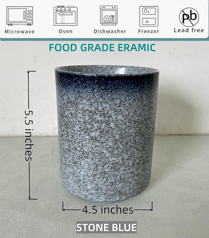 Medium Stoneware Kitchen Utensil Holder for Kitchen Counter Short Cooking Utensil Holder for Countertop Spatula Holder Small Utensil Crock Cutlery Holder Silverware Caddy Flower Vase (Stone Blue)