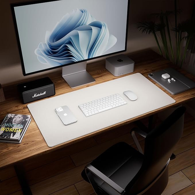 Aothia Dual-Sided Desk Mat - Leather & Cork Desk Protector, Large Mouse Pad & Writing Pad, Waterproof, Off-White (35.4" x 15.7")