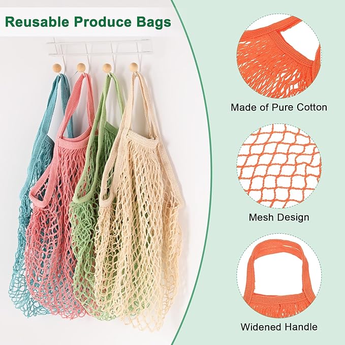 1-Pack Cotton Mesh Bag, Reusable Washable Mesh Net String Grocery Bags, Reusable Produce Bags with Handle, Net Tote Bag for Fruits/Vegetables Shopping [Orange, Short Handle]