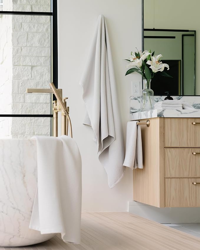 Cozy Earth Waffle Bath Towels - 60% Cotton 40% Viscose from Bamboo Bath Towels 30 x 58 Inches - Soft & Absorbent Terry, Reversible Mini Textured Waffle & Weave Pattern - 2 Pack