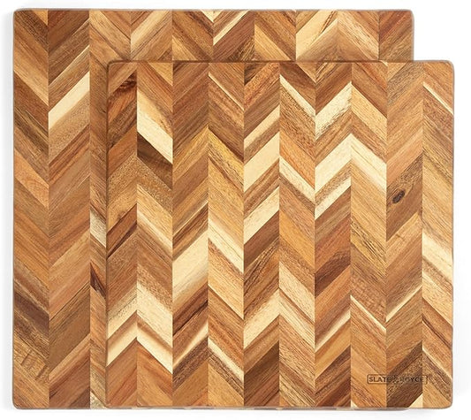 SLATE & ROYCE Acacia Wood Cutting Board Set of 2 - Herringbone Pattern Kitchen Boards - Large & Small Square Wooden Cutting Boards - Premium Charcuterie Boards - Serving Tray - With Gift Box