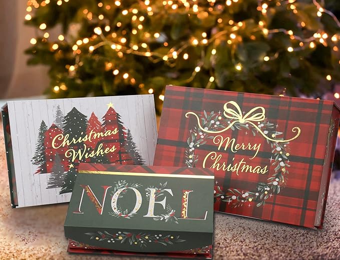 Christmas Gift Boxes with Lids for Presents Pack of 3 Gift Boxes Bulk Red White and Green in Assorted Designs Wrapping Robe Boxes Large Xmas Gift Boxes for Christmas Birthdays Wedding Wrap Gifts