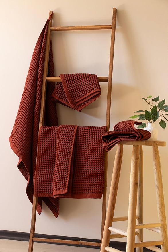 PÜSKÜL - Premium Waffle Towel Set 4 Pieces Brick Red - Organic 100% Turkish Cotton Quick-Dry Towels for Bathroom Made in Turkiye (Brick, Towel Set - 2 Hand & 2 Bath Towels)