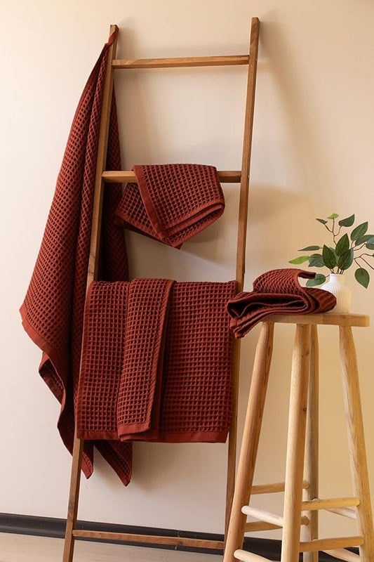 PÜSKÜL - Premium Waffle Towel Set 4 Pieces Brick Red - Organic 100% Turkish Cotton Quick-Dry Towels for Bathroom Made in Turkiye (Brick, Towel Set - 2 Hand & 2 Bath Towels)