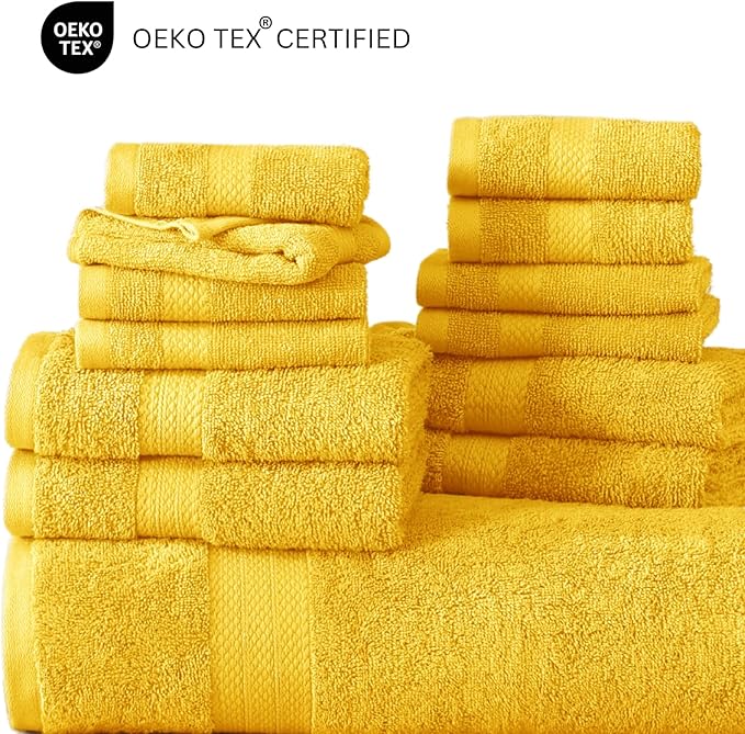 LANE LINEN 100% Mercerized Cotton Bathroom Towel Set - 16 Pieces - Fluffy, Super Soft & Highly Absorbent - 4 Bath Towels, 8 Washcloths, 4 Hand Towels - Ring Spun, Double Sided Cotton Terry - Mimosa