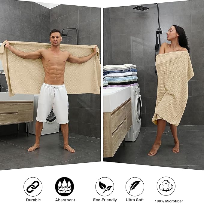 8-Piece Bath Towel Set, 2 Extra Large Bath Towel Sheets, 2 Hand Towels and 4 Washcloths - Highly Absorbent Quick Dry Microfiber,Ultra Soft Towel Set for Bathroom, Waffle Weave, Pack of 8 (Camel)