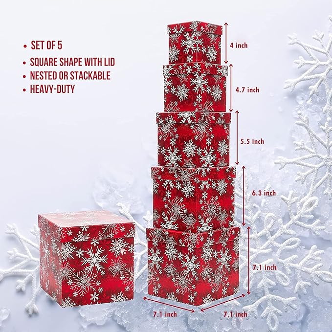 UNIQOOO 5PCS Christmas Nesting Gift Boxes with Lid, Xmas Nested Box Set, 5 Sizes, Square Stackable, Red White Snowflake Candy Cane Paper Box Tower Décor, for Holiday Thanksgiving New Year Packaging